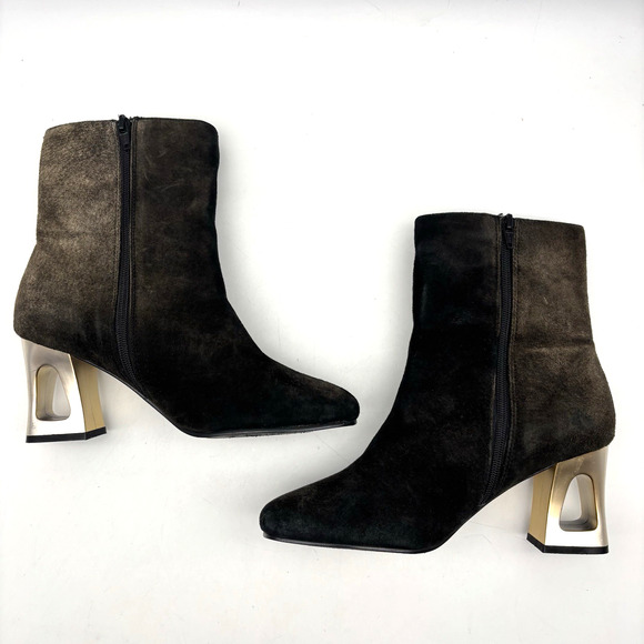 Vintage 80s Classique Black Brown Ombre Suede Cut-out Block Heel Zip Boot 8M - Picture 13 of 16